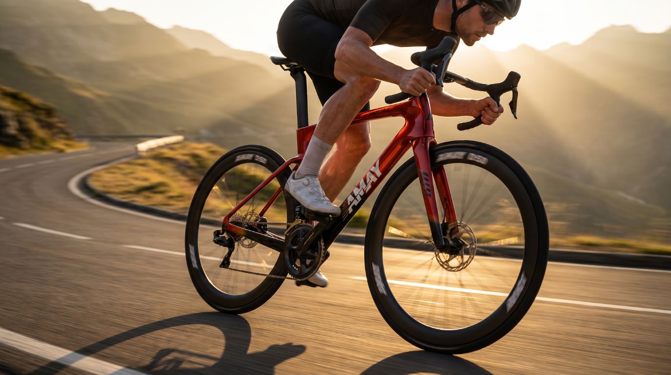 Amay Pegasus red carbon aero road bike sprinting on scenic mountain road with D50 wheels