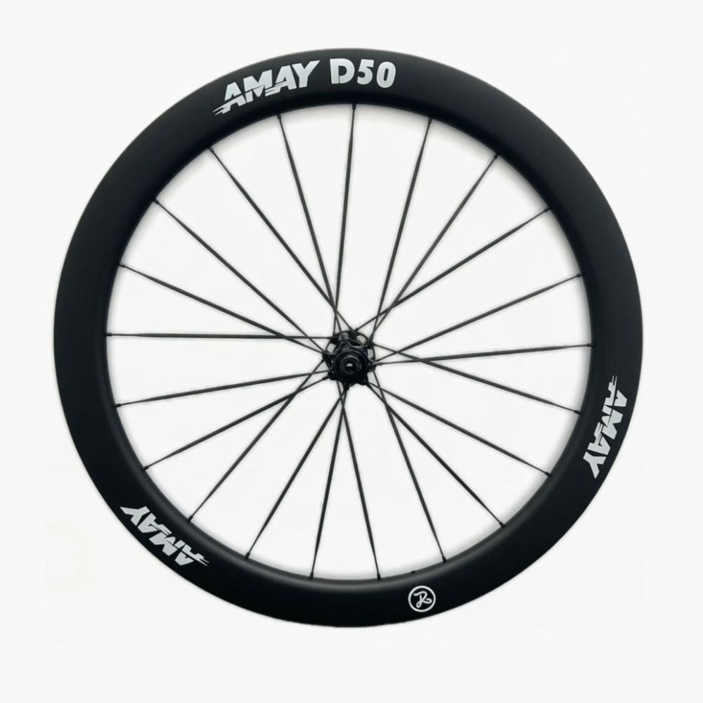Black bicycle wheel with 'AMAY D50' branding on a white background