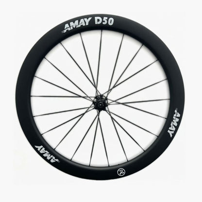 Black bicycle wheel with 'AMAY D50' branding on a white background