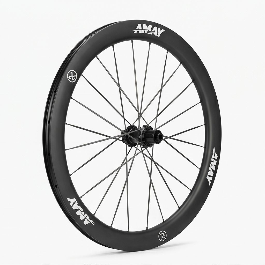 Black bicycle wheel with 'AMAY' branding on a white background