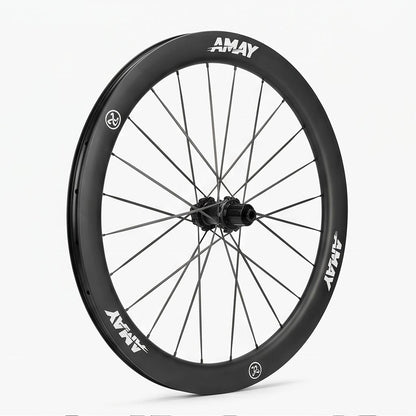 Black bicycle wheel with 'AMAY' branding on a white background