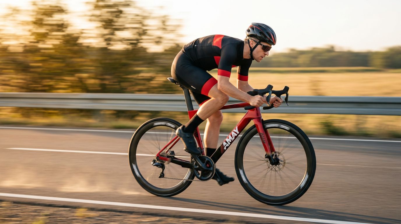 Person riding a red bicycle on a road with a blurred background