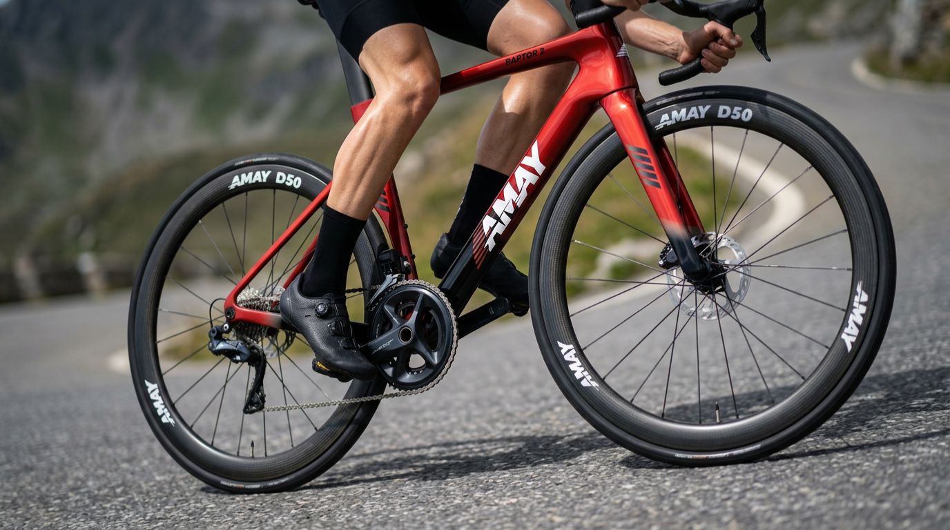 Person riding a red bicycle on a road with AMAY branding.
